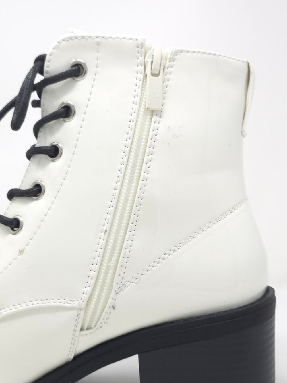 Combat Boots Chunky Heel Lace Up Side Zipper Faux Leather White Pat Ankle Boot - Picture 7 of 12